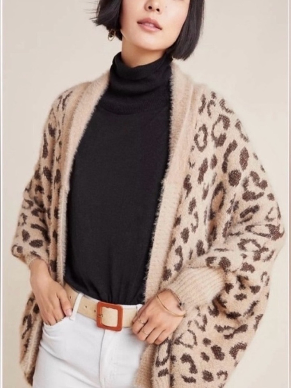 Anthropologie Beige and Brown Leopard-Print Open Cardigan